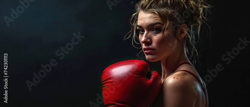 Confident young woman with boxing gloves on black background © Kseniya