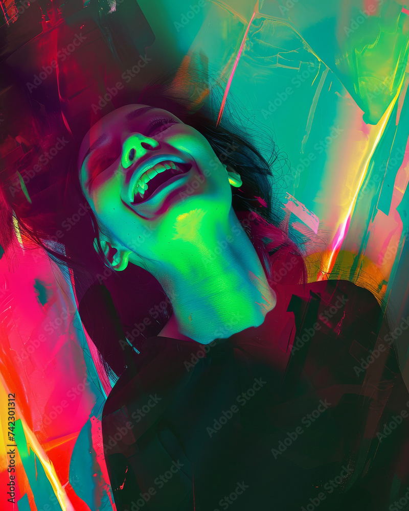 Joyful Woman in Neon Headlights: Glitchy Minimalist Art
