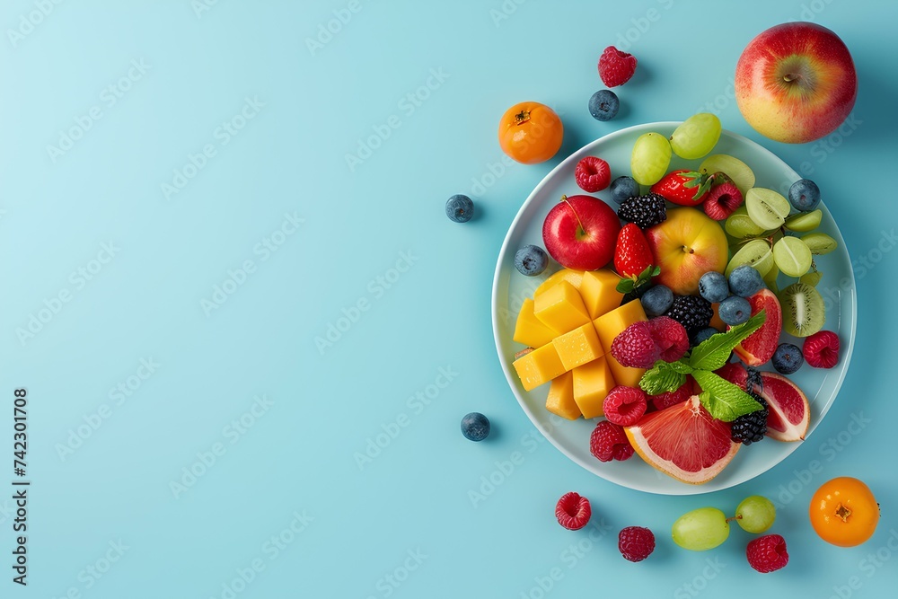balanced nutrition,top view, World Health Day concept, copyspace, isolated on blue background