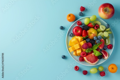 balanced nutrition,top view, World Health Day concept, copyspace, isolated on blue background