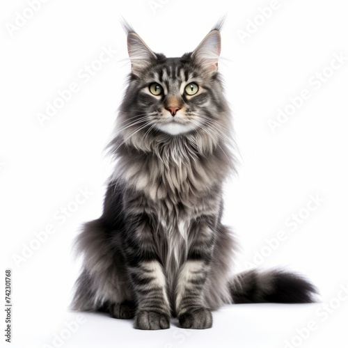 Merry Maine Coon Cat sitting on a white background, large size, friendly expression Generative AI