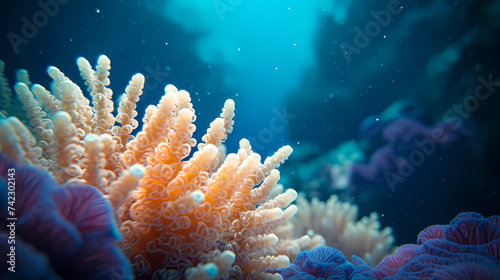 Colorful tropical coral reef with various marine species