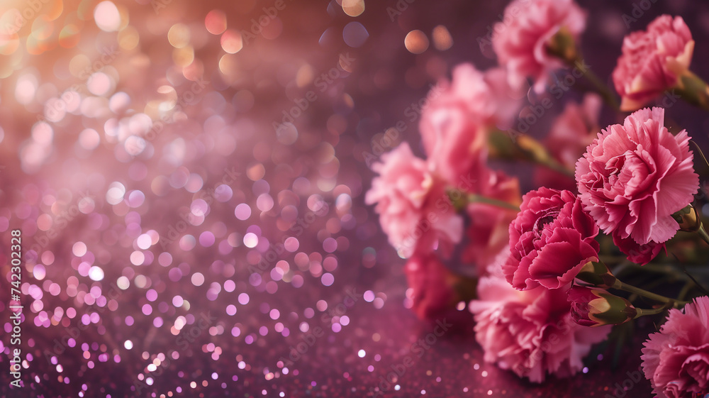 Pink carnation flowers with glitter bokeh background. Mother's Day concept. The official national flower of Spain. The official state flower of Ohio. Pink carnation flowers with glitter bokeh background. Mother's Day concept. The official national flower of Spain. The official state flower of Ohio.