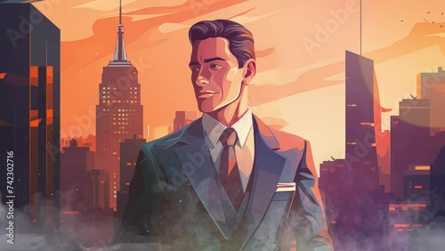 man illustratio in anime cartoon concept.  handsome man in classic suit cityscape at dusk urban. seamless looping overlay 4k virtual video animation background  photo