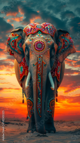 Dignified elephant adorned with tribal ornaments, wearing a vibrant tapestry robe, against a twilight sky backdrop, lit with fiery hues, emanating strength and wisdom