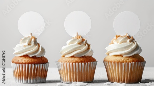 Vanilla Cupcakes with Blank Topper Mockup Display photo