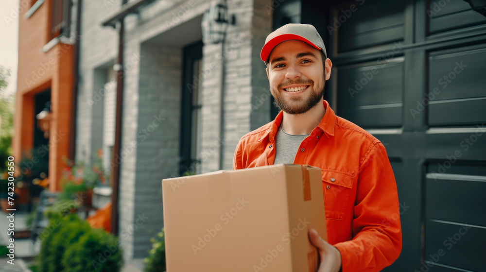 Portrait of a smiling male delivery man holding a cardboard box in his hands Portrait of a smiling male delivery man holding a cardboard box in his hands