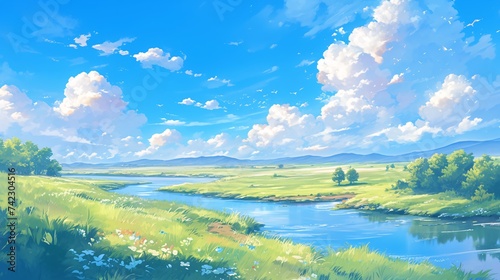 Spring lawn and blue sky and white clouds scene illustration  Beginning of Spring concept illustration background