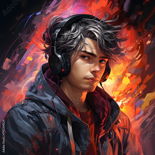 Man with Messy Hair Listening to Music. Colorful Art Illustration
