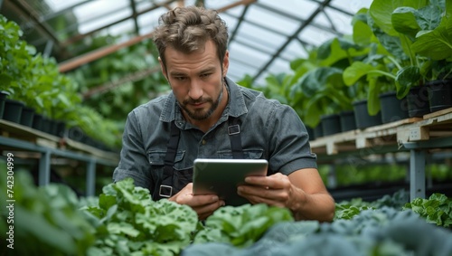 Male work in apron using tablet at agricultural greenhouse