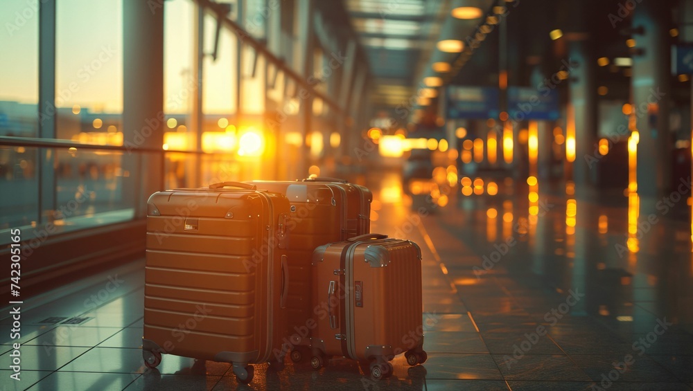 Suitcases in airport terminals, vacation travel concept
