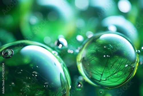 Smooth water surface and bubbles on green background, cosmetic ingredient molecules concept illustration