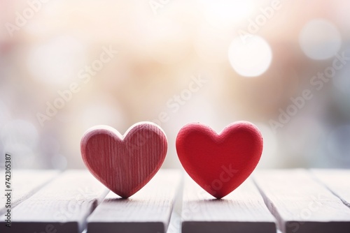 Two hearts on wooden background, Valentine's Day heart shape background concept illustration