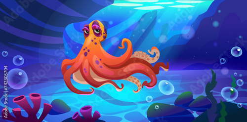 Octopus cartoon character swimming underwater. Vector seabed landscape with corals, seaweeds and bubbles deep under water. Marine animal with tentacle and cute face on bottom of ocean or aquarium.