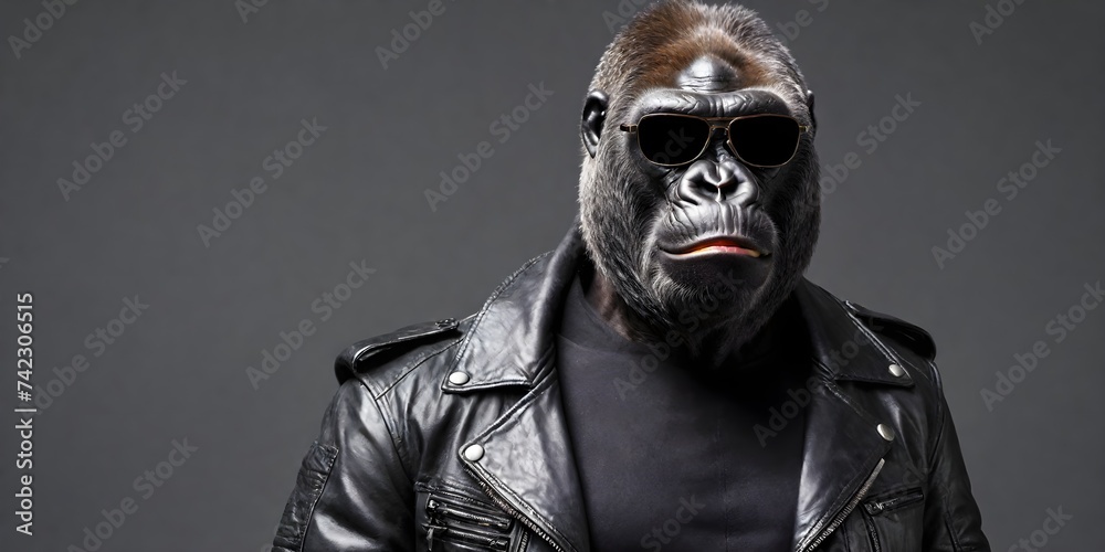 Portrait of a gorilla in sunglasses and a leather jacket on a dark background. Advertising banner with copy space. Creative animal concept.