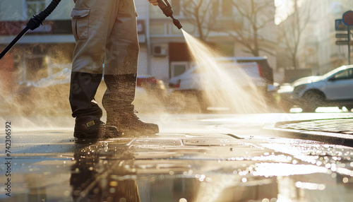 a man washes the sidewalk and curb in the city with a high pressure washer in the sun early in the morning photo