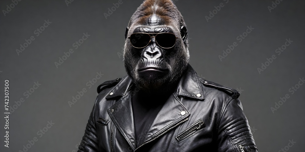 Portrait of a gorilla in sunglasses and a leather jacket on a dark background. Advertising banner with copy space. Creative animal concept.