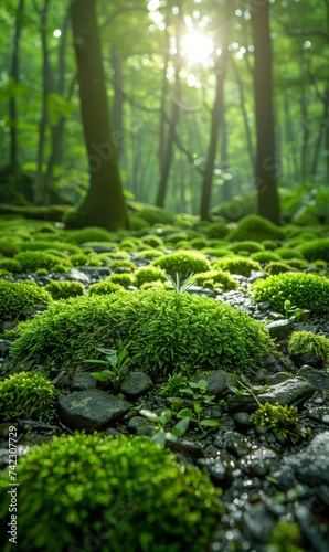 Sunlight Filtering Through Moss Covered Forest