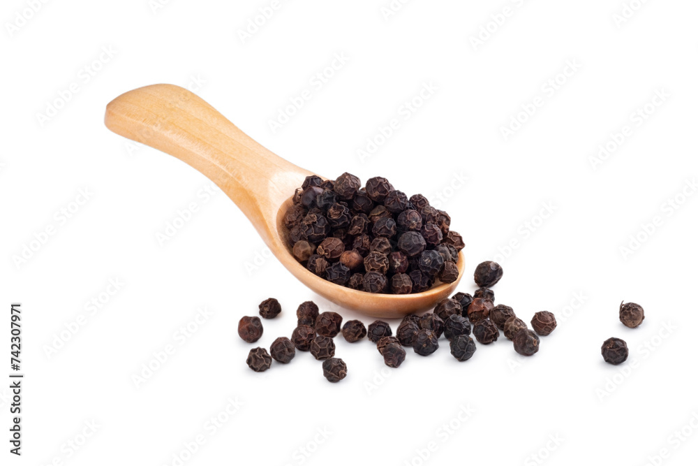 Wooden spoon with black pepper and peppercorns isolated on a white background, close up Wooden spoon with black pepper and peppercorns isolated on a white background, close up