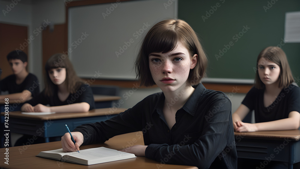 Teenage girl taking classes in an atmospheric school classroom generative ai Teenage girl taking classes in an atmospheric school classroom generative ai