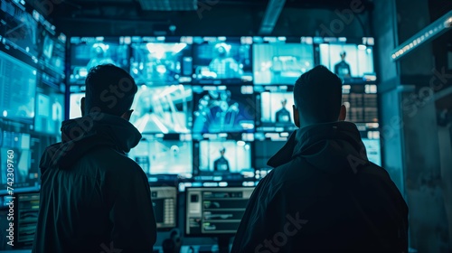 Back view of two security guards looking at surveillance cameras in surveillance room