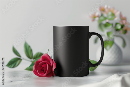 Black coffee mug mockup with beautiful red rose. Empty mug mock up for brand promotion
