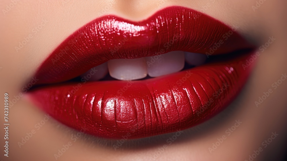 Classic Bold Red Glossy Lipstick on Lush Lips Close-Up Classic Bold Red Glossy Lipstick on Lush Lips Close-Up