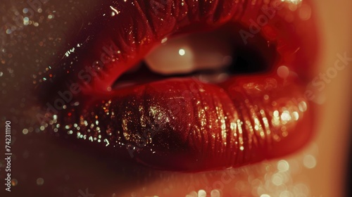 Classic Bold Red Glossy Lipstick on Lush Lips Close-Up