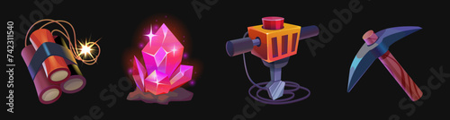 Mine instruments set isolated on black background. Vector cartoon illustration of bundle of dynamite on fire, pink mineral crystals, perforator, pickaxe tool, mining equipment, game ui assets kit