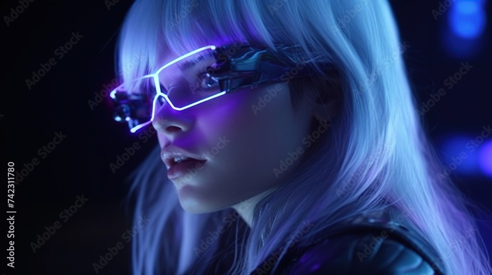 Metahuman girl with futuristic glasses and long white hair. Blue and purple lights in the black studio background, Metahuman girl with futuristic glasses and long white hair. Blue and purple lights in the black studio background,