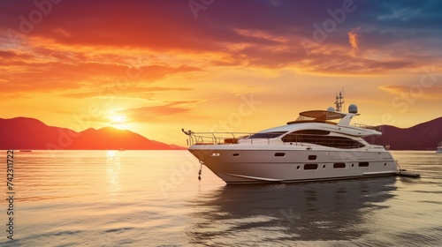 Realistic photo of a deluxe yacht anchored during sunset, well-off vacationers savoring the view, extravagant settings, and the warm glow of the setting sun Generative AI