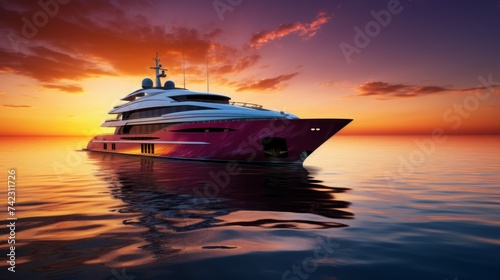 Realistic photo of a high-class yacht cruise during sunset, well-to-do passengers enjoying the opulent experience, luxurious settings, and the captivating sunset view Generative AI