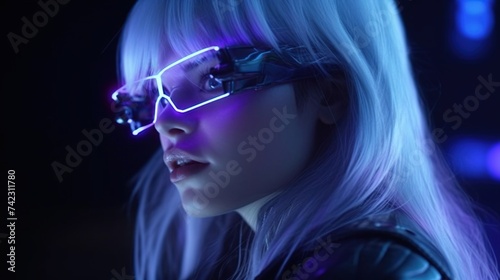 Metahuman girl with futuristic glasses and long white hair. Blue and purple lights in the black studio background,