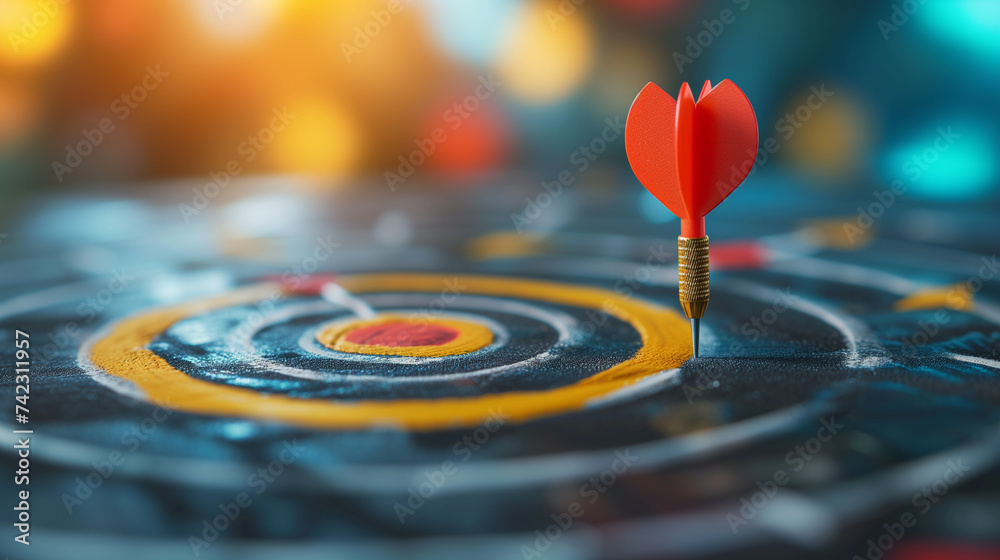 Close-up of a dart in the center of a bullseye, symbolizing success, precision, and achieving goals in a competitive environment. Close-up of a dart in the center of a bullseye, symbolizing success, precision, and achieving goals in a competitive environment.