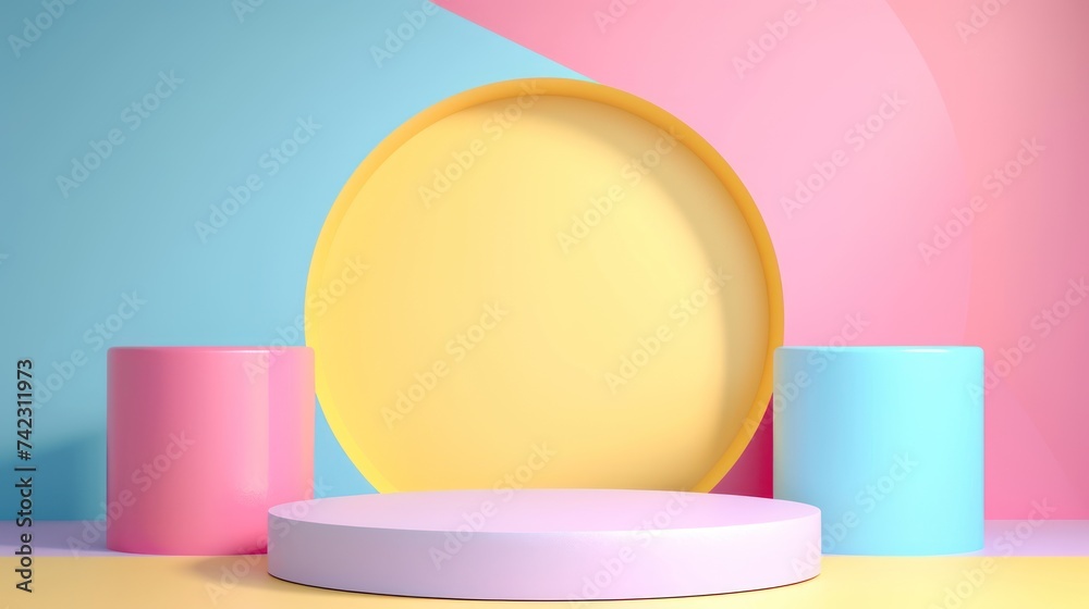 Purple pastel cylinder display product with yellow geometric circle blue-pink wall. 3D pedestal colorful mockup product for showcase