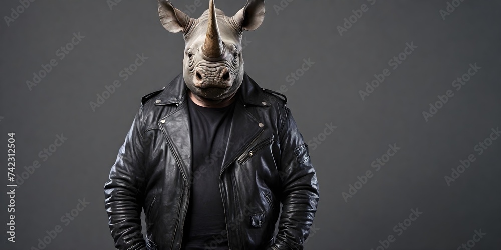 Fototapeta premium Portrait of a rhinoceros in sunglasses and a leather jacket on a dark background. Advertising banner with copy space. Creative animal concept.