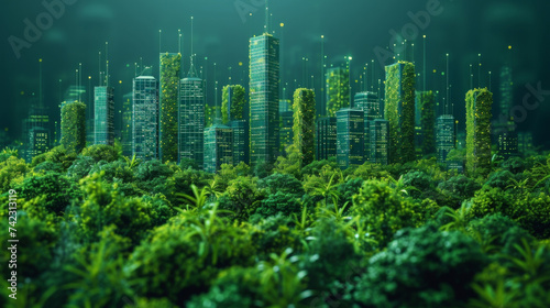 A futuristic cityscape is shown with multiple skyscrapers made entirely of green solar panels. The buildings are connected by a network of green infrastructure including bike