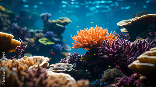 Beautiful undersea tropical fluorescent sea anemone on deep sea coral reef