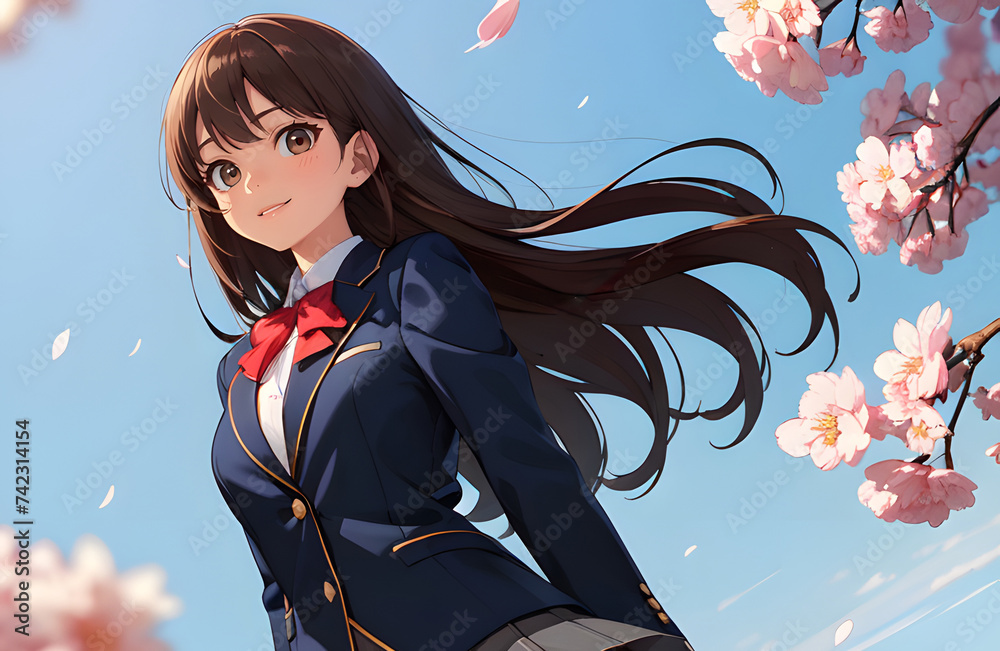 桜の花びらと制服姿の女性のイラスト 桜の花びらと制服姿の女性のイラスト