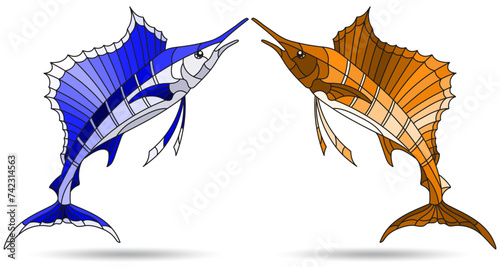 A set of  illustrations in the style of stained glass with abstract fishes, animals isolated on a white background, tone blue and brown