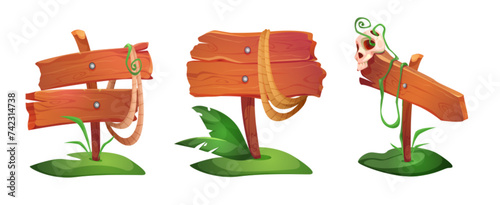 Set of wooden signboards isolated on white background. Vector cartoon illustration of old direction boards, rustic nameplates with rope, green plant leaves, human skull, adventure game ui elements