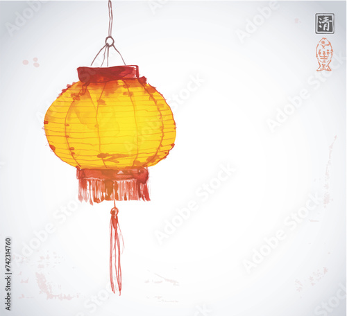Ink painting of a traditional East Asian lantern in warm tones and delicate ink strokes.Traditional oriental ink painting sumi-e, u-sin, go-hua. Hieroglyph - clarity. © elinacious