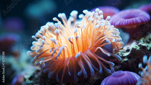 Beautiful undersea tropical fluorescent sea anemone on deep sea coral reef