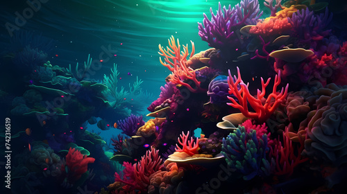 Beautiful undersea tropical fluorescent sea anemone on deep sea coral reef