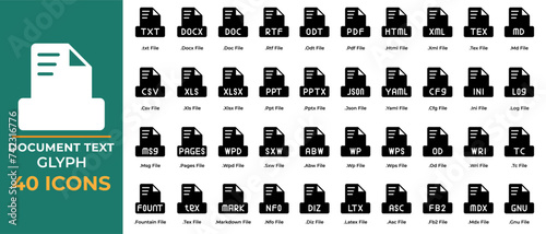 Set of document file text icons Glyph Style. pdf, csv, ppt, doc. extension file symbol icons. Vector Collection.