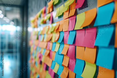 A wall in an office with various dotted postits pasted in a row