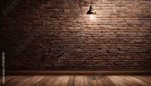 An empty room in a brown building featuring a brick wall and hardwood flooring with tints and shades of wood stain
