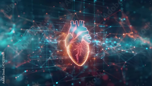 Glowing human heart in a network of connectivity, representing the intersection of health and advanced technology. photo