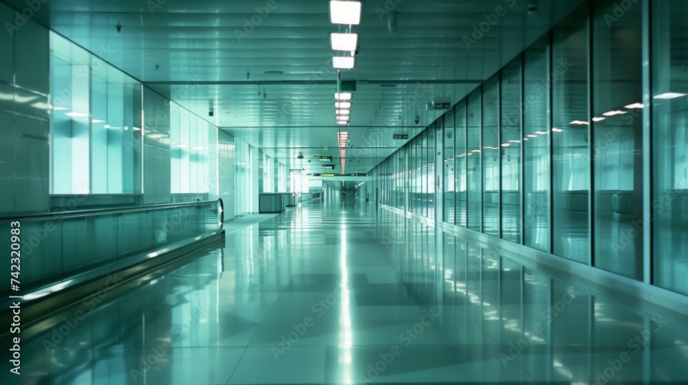 A still and empty hallway in an airport where the absence of adver creates a calming atmosphere.