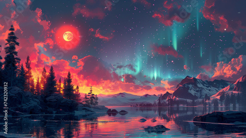 A pixelated aurora borealis painting the night sky, fusing digital aesthetics with the natural wonders of the northern lights. photo